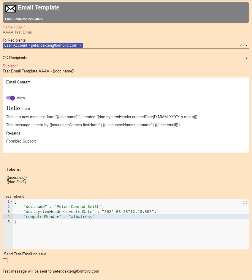 Email Template screen